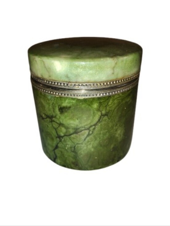 Source Unknown Other - Vintage Green Marble or Alabaster Hinged Vanity Jar with Silver-Tone Beaded Trim